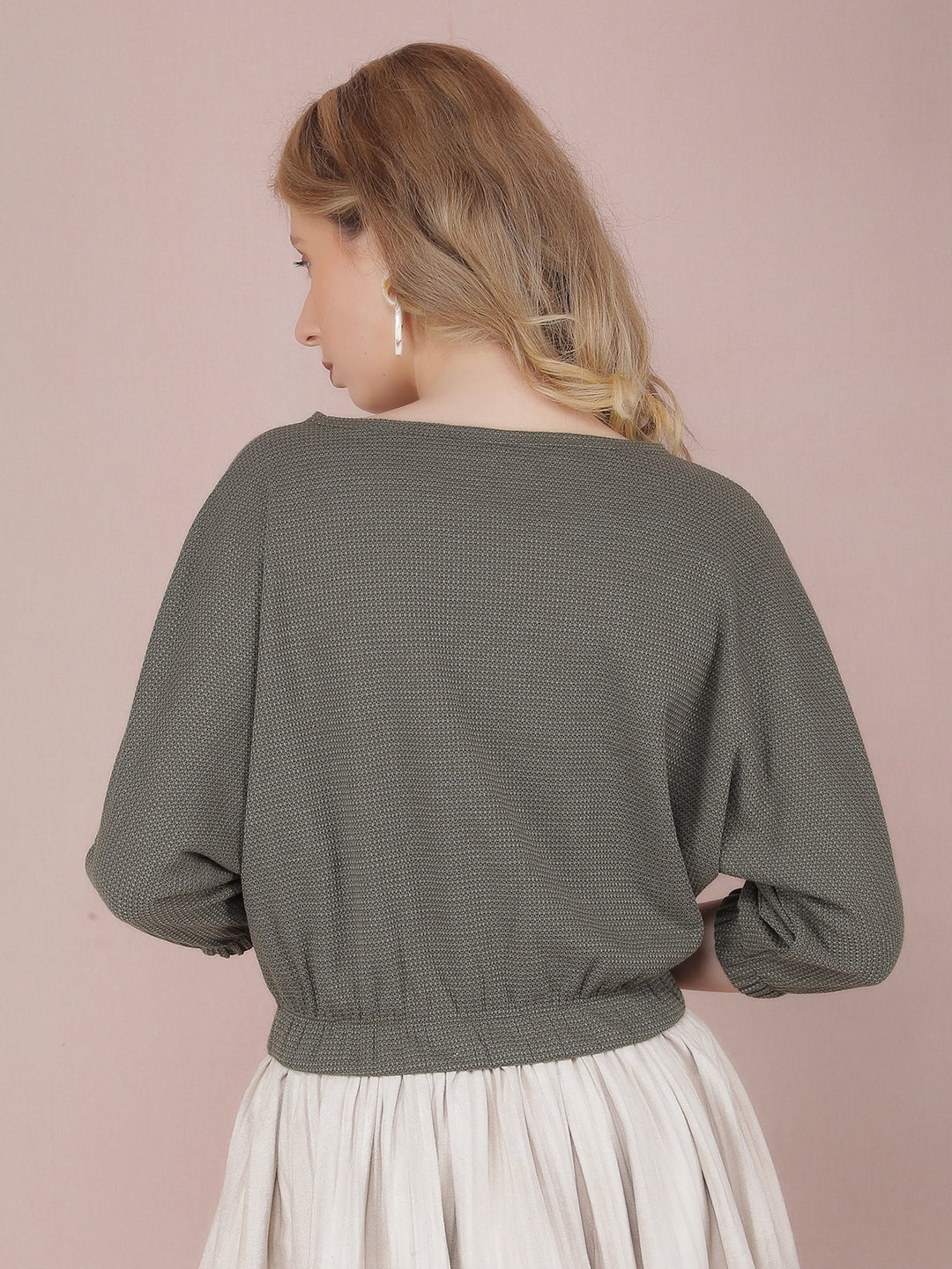 Olive Crop Length Knitted Top-Women Tops-Crimsoune Club