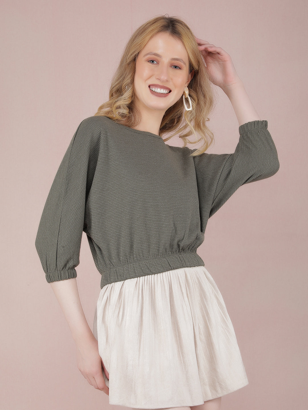 Olive Crop Length Knitted Top-Women Tops-Crimsoune Club