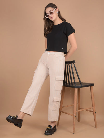 Beige Self-Design Cargo Trousers-Women Trousers-Crimsoune Club