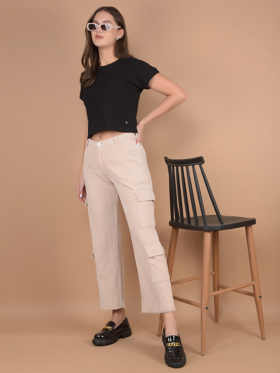 Beige Self-Design Cargo Trousers-Women Trousers-Crimsoune Club