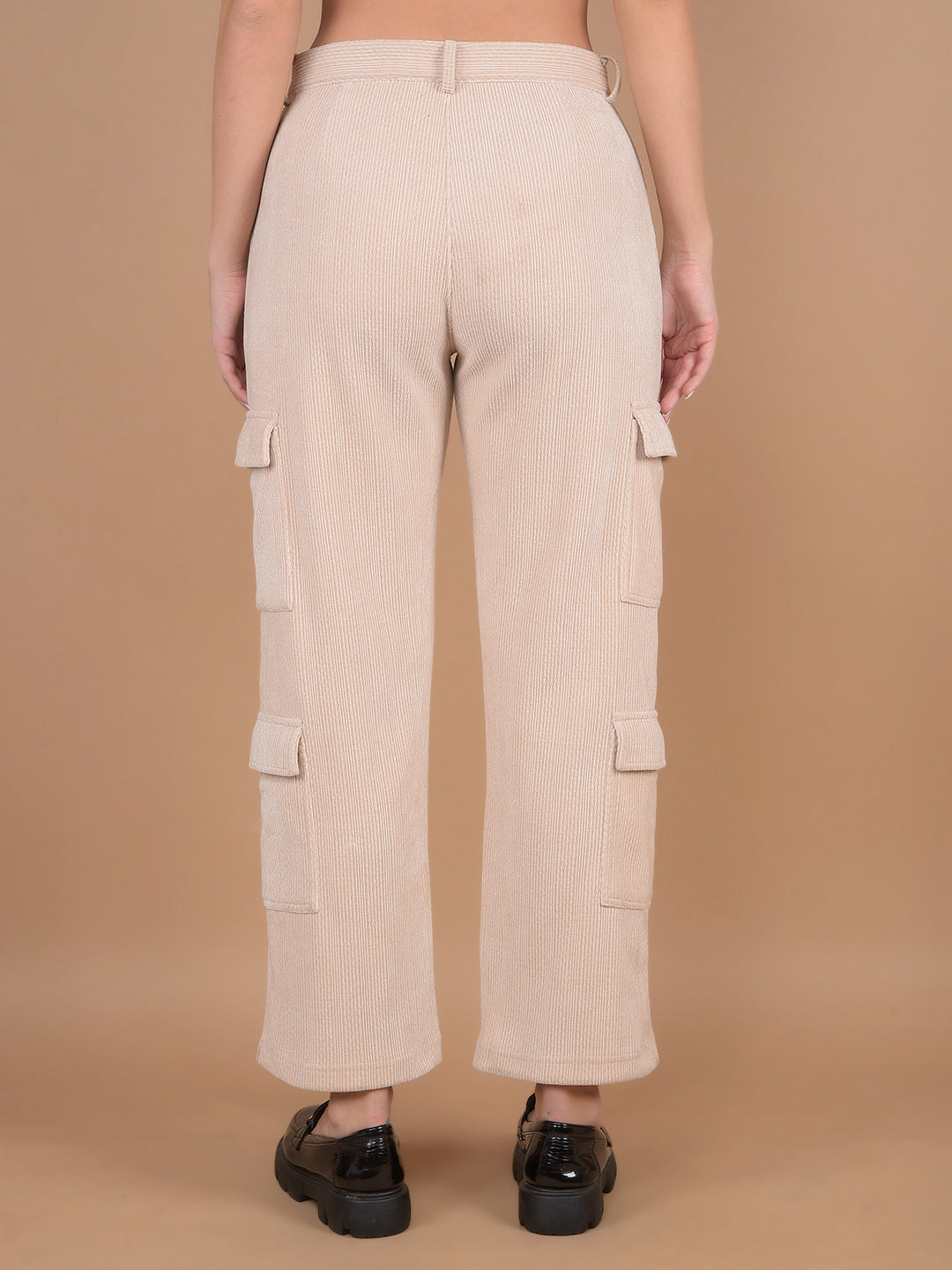 Beige Self-Design Cargo Trousers-Women Trousers-Crimsoune Club