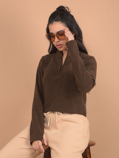 Brown High Neck Knitted Crop Top-Women Tops-Crimsoune Club