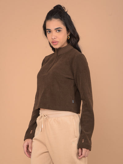 Brown High Neck Knitted Crop Top-Women Tops-Crimsoune Club