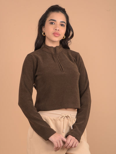 Brown High Neck Knitted Crop Top-Women Tops-Crimsoune Club