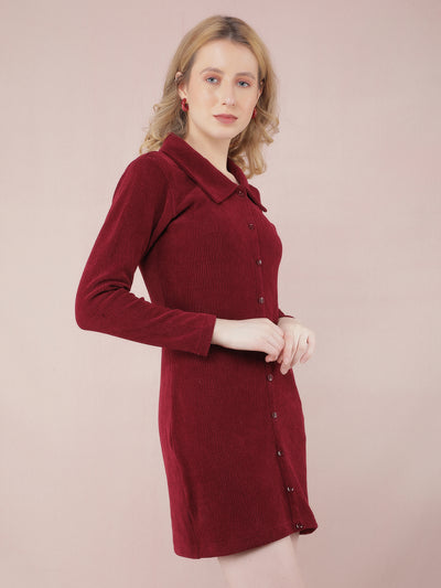 Maroon Jacquard Shirt Knitted Dress-Women Dresses-Crimsoune Club