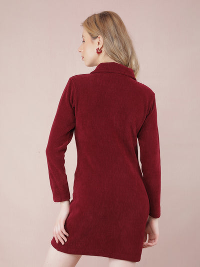 Maroon Jacquard Shirt Knitted Dress-Women Dresses-Crimsoune Club