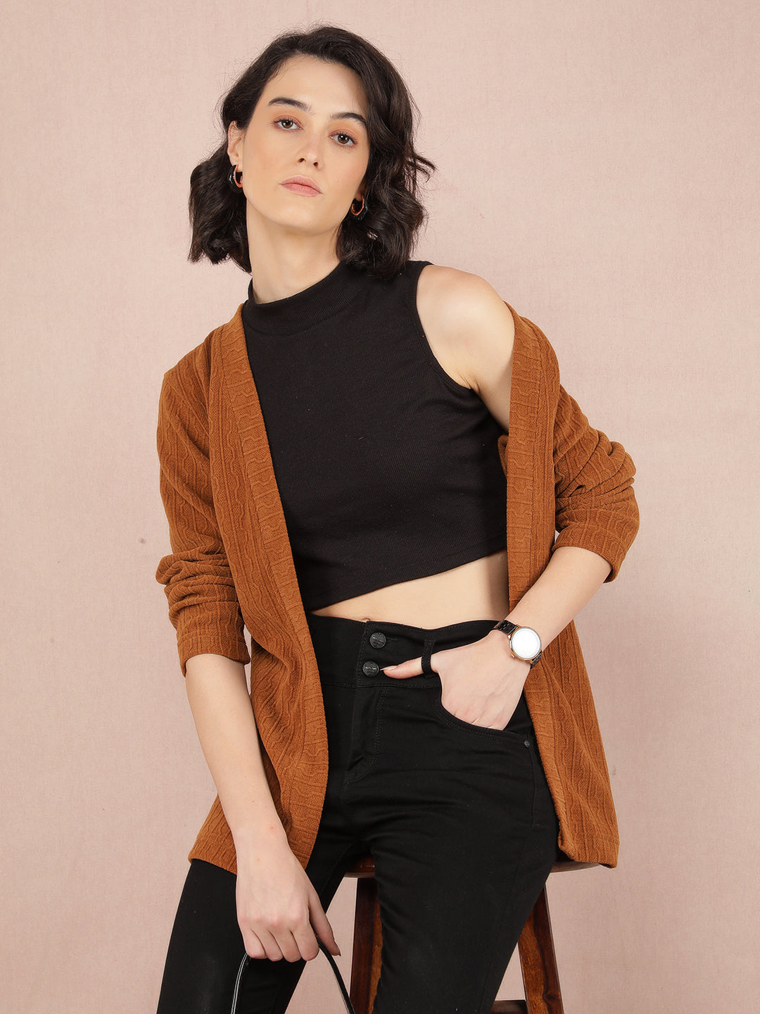 Brown Jacquard Shrug-Women Shrugs-Crimsoune Club