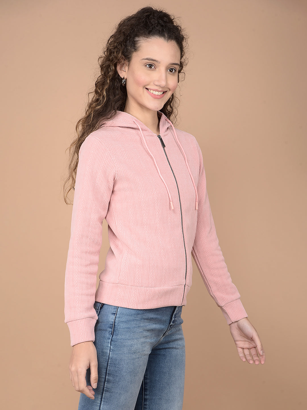 Pink Jacquard Hooded Neck Sweatshirt-Women Sweatshirts-Crimsoune Club