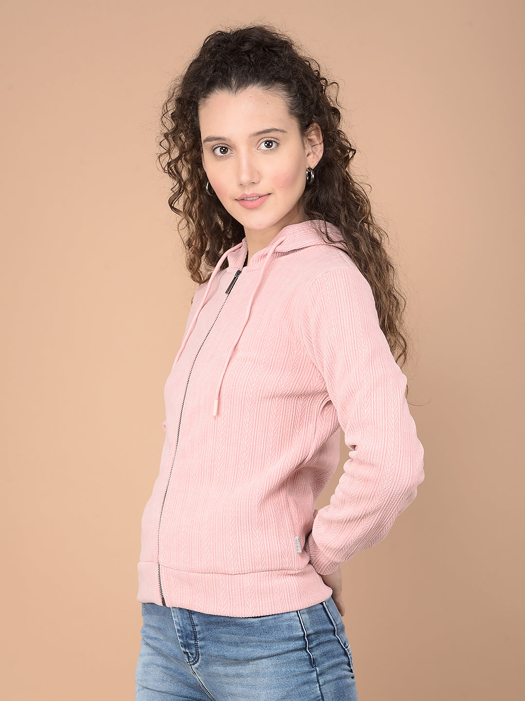 Pink Jacquard Hooded Neck Sweatshirt