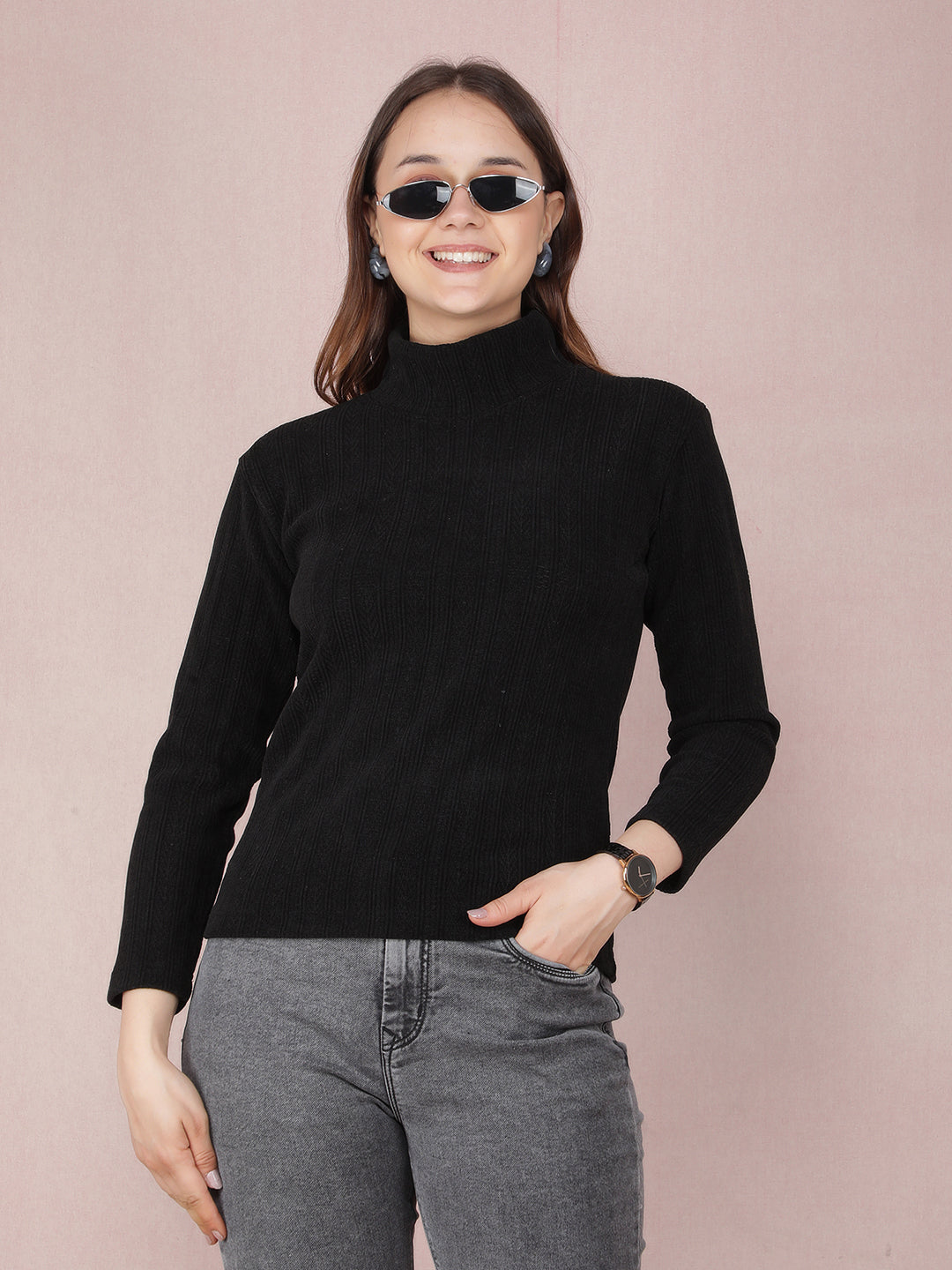 Black High Neck Sweatshirt-Women Sweatshirts-Crimsoune Club