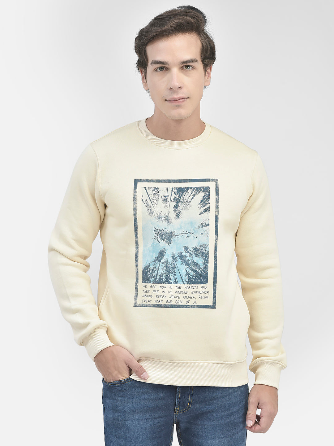 Cream Printed Round Neck Sweatshirt-Men Sweatshirts-Crimsoune Club