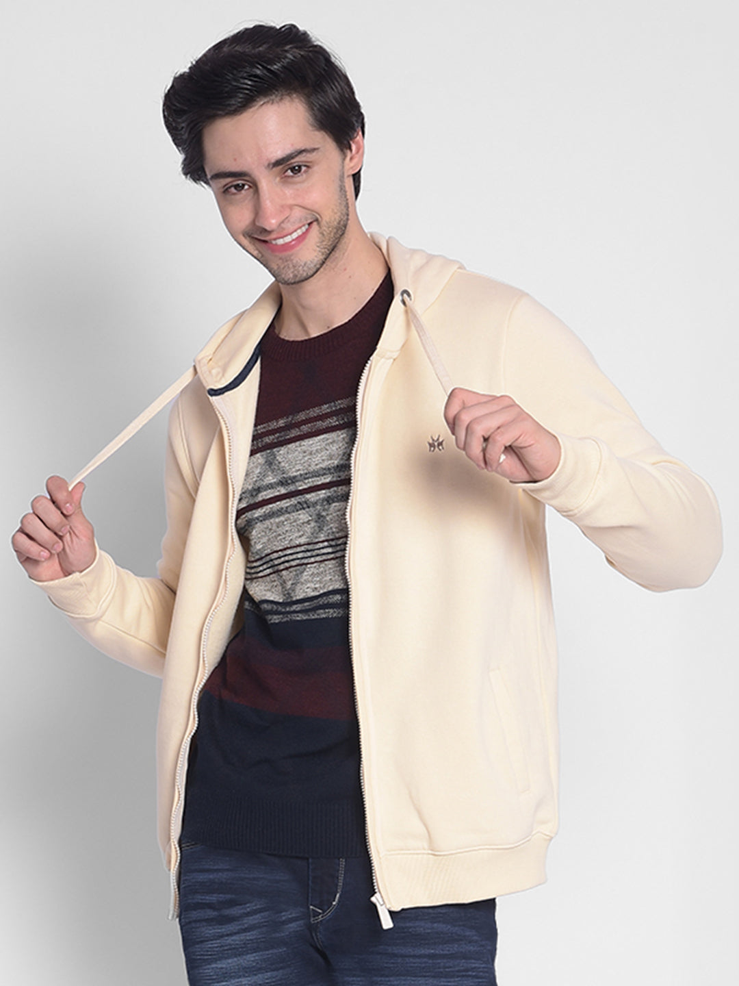 Beige Hooded Front-Open Sweatshirt-Men Sweatshirts-Crimsoune Club