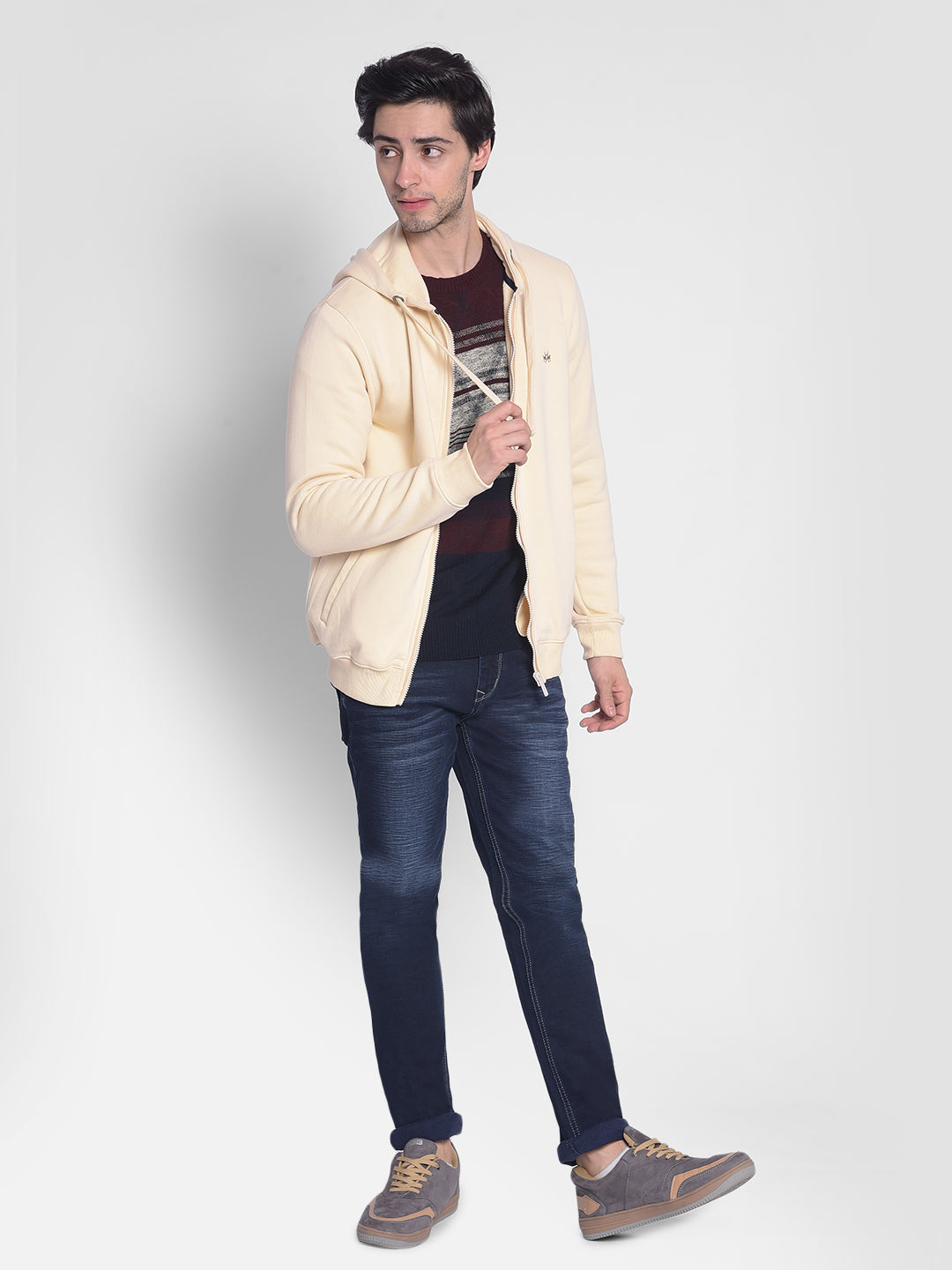 Beige Hooded Front-Open Sweatshirt-Men Sweatshirts-Crimsoune Club