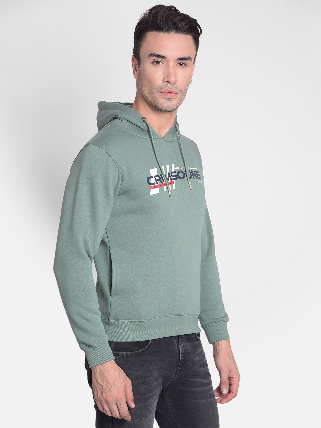 Green Printed Sweatshirt With Hood-Men Sweatshirts-Crimsoune Club