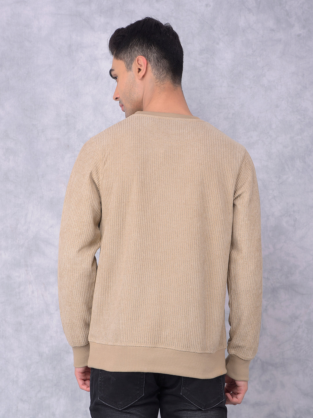 Beige Typographic Print Knitted Sweatshirt-Men Sweatshirts-Crimsoune Club