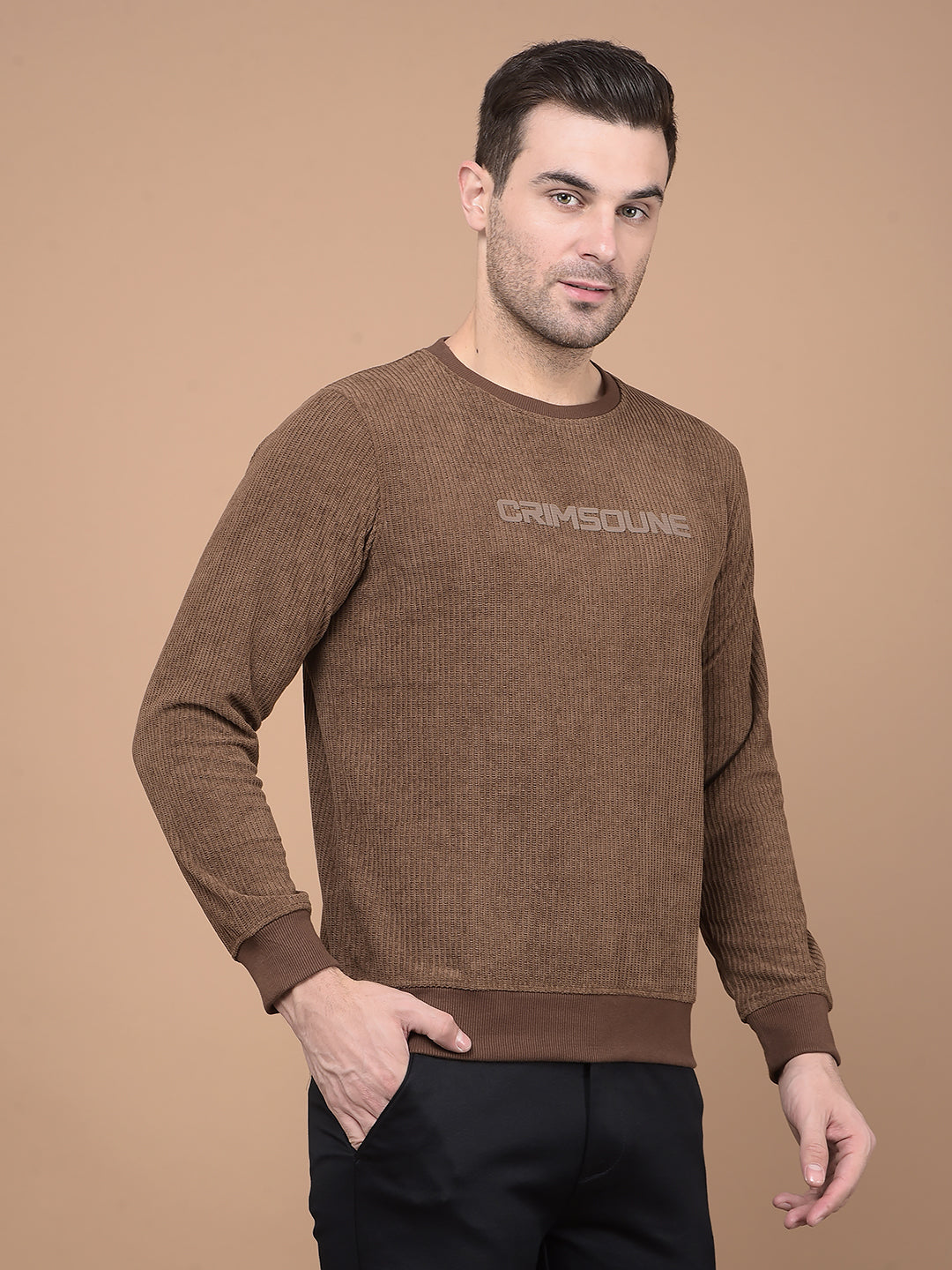 Brown Typographic Print Sweatshirt-Men Sweatshirts-Crimsoune Club