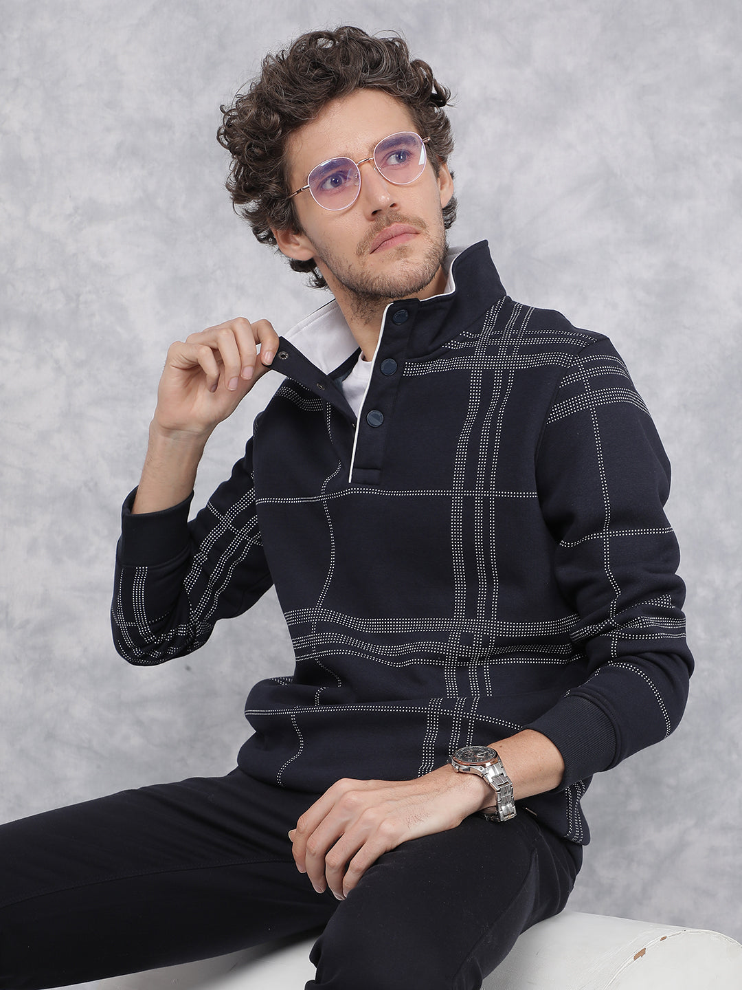 Navy Blue Checkered Sweatshirt-Men Sweatshirts-Crimsoune Club