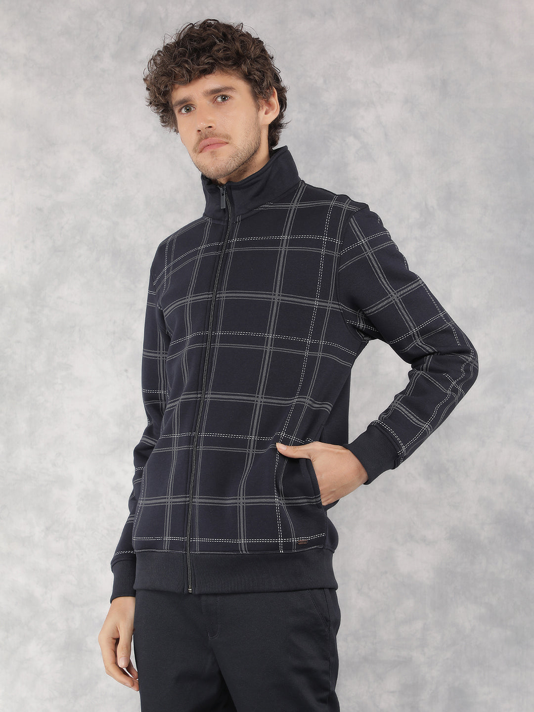 Navy Blue Checkered Sweatshirt-Men Sweatshirts-Crimsoune Club