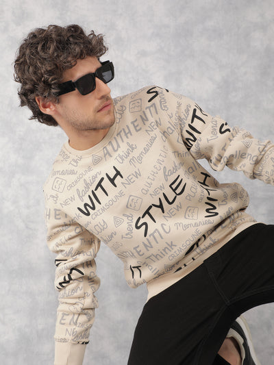 Beige Typographic Print Sweatshirt-Men Sweatshirts-Crimsoune Club