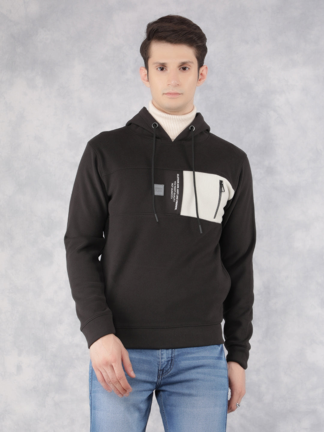 Black Color-Blocked Hooded Neck Sweatshirt-Men Sweatshirts-Crimsoune Club