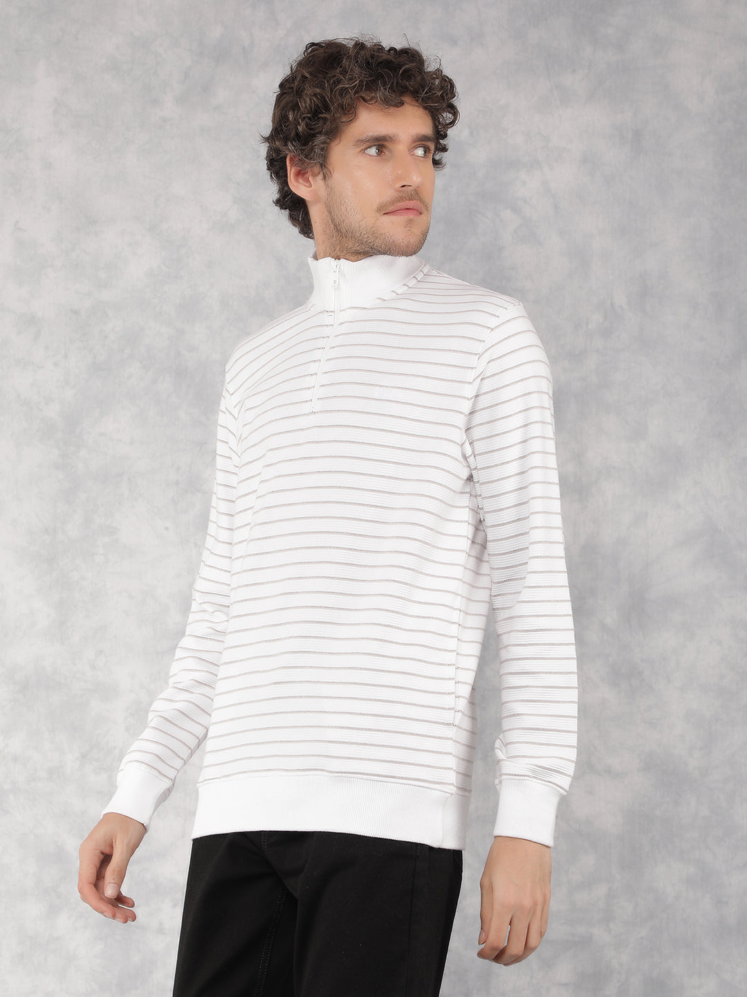 Off White Horizontal Stripes 100% Cotton Sweatshirt-Men Sweatshirts-Crimsoune Club