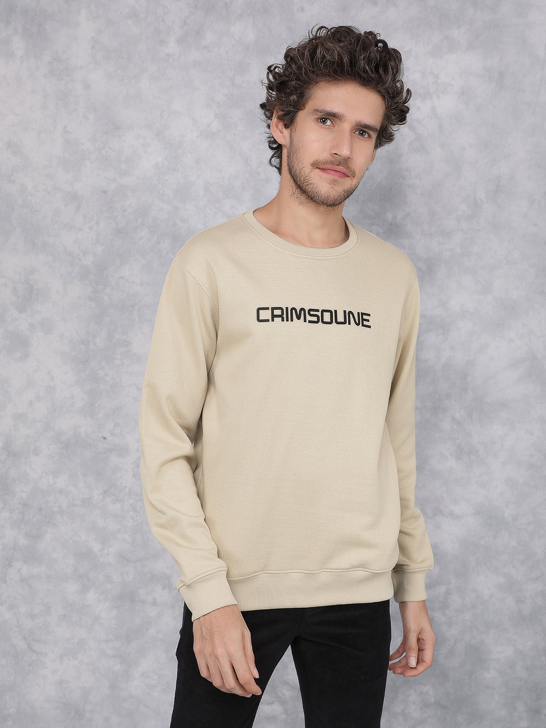 Beige Typographic Print Sweatshirt-Men Sweatshirts-Crimsoune Club