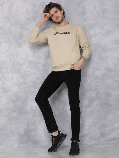 Beige Typographic Print Sweatshirt-Men Sweatshirts-Crimsoune Club