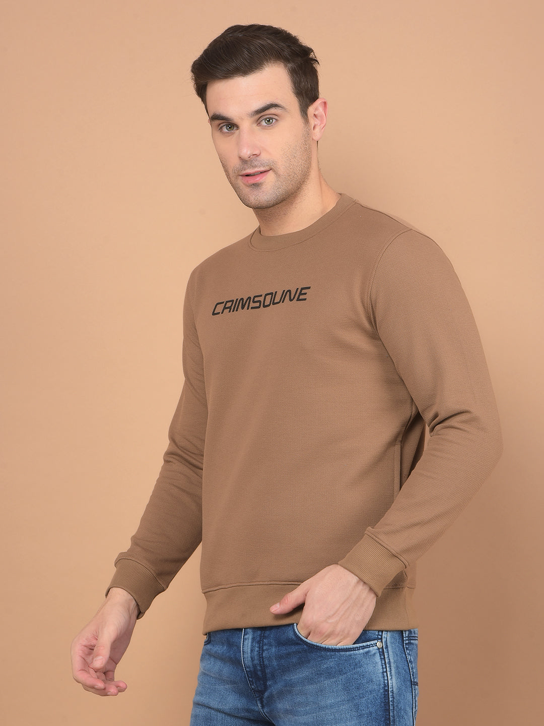 Brown Typographic Print Sweatshirt-Men Sweatshirts-Crimsoune Club