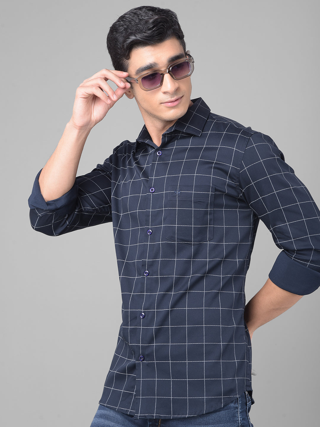 Navy Blue Checked Shirt-Men Shirts-Crimsoune Club