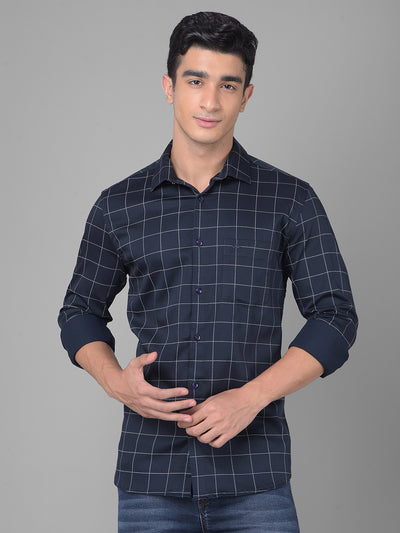 Navy Blue Checked Shirt-Men Shirts-Crimsoune Club