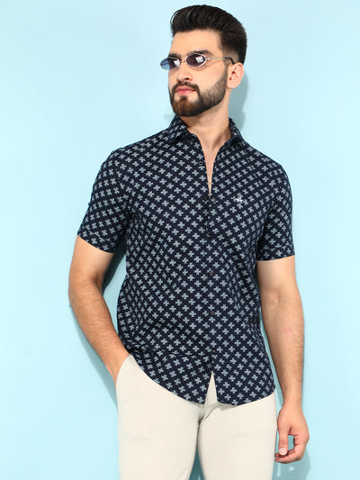 Blue 100% Cotton Floral Print Shirt-Men Shirts-Crimsoune Club