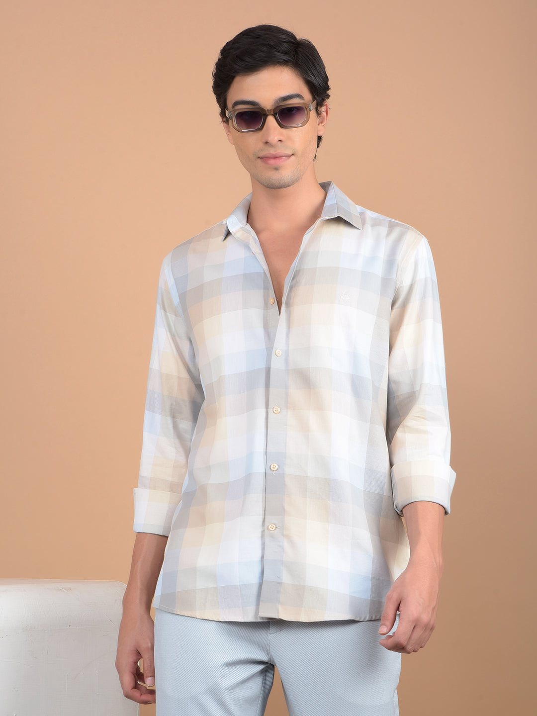 Blue Checked 100% Cotton Shirt-Men Shirts-Crimsoune Club