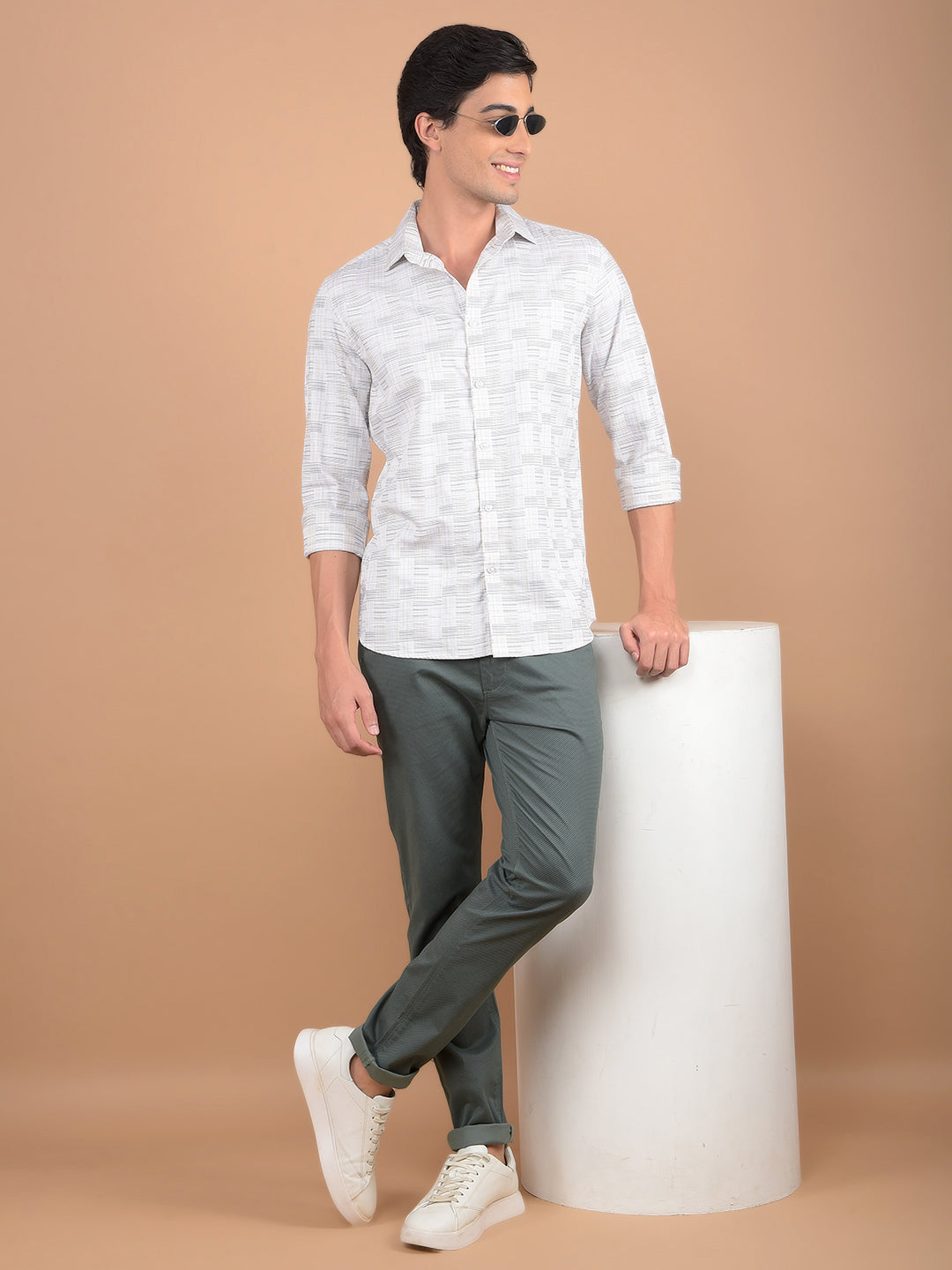 Beige Checked 100% Cotton Shirt-Men Shirts-Crimsoune Club