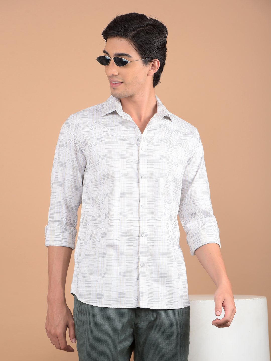 Beige Checked 100% Cotton Shirt-Men Shirts-Crimsoune Club