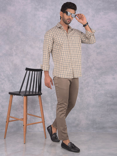 Beige Checked 100% Cotton Shirt-Men Shirts-Crimsoune Club