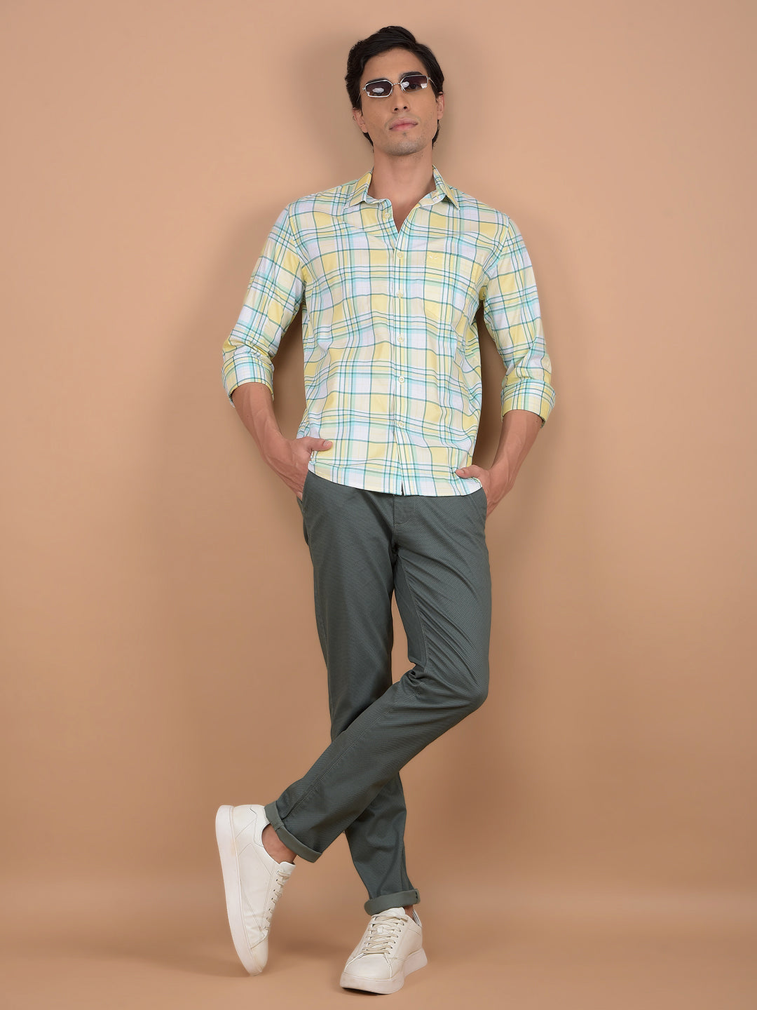 Yellow Checked 100% Cotton Shirt-Men Shirts-Crimsoune Club