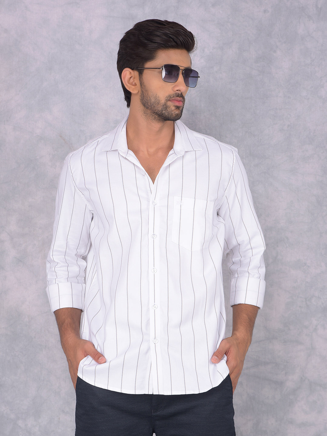 White Vertical Stripes 100% Cotton Knitted Shirt-Men Shirts-Crimsoune Club