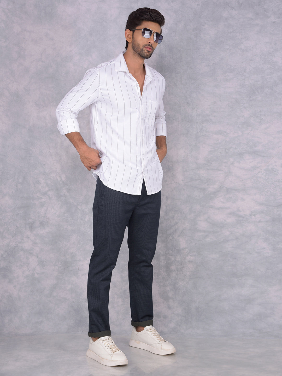 White Vertical Stripes 100% Cotton Knitted Shirt-Men Shirts-Crimsoune Club