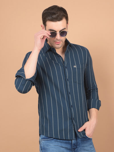 Navy Blue Vertical Striped 100% Cotton Shirt-Men Shirts-Crimsoune Club