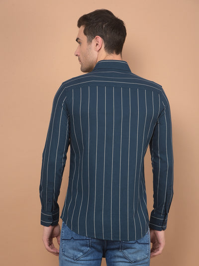 Navy Blue Vertical Striped 100% Cotton Shirt-Men Shirts-Crimsoune Club