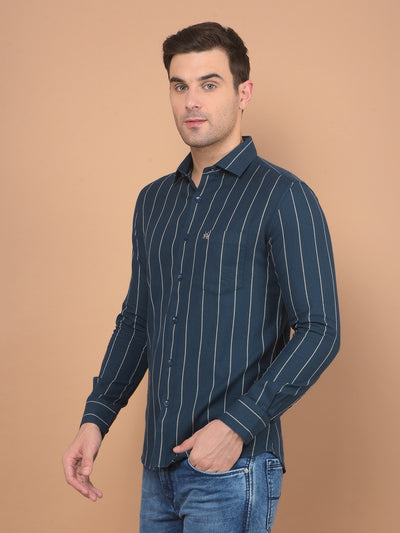 Navy Blue Vertical Striped 100% Cotton Shirt-Men Shirts-Crimsoune Club