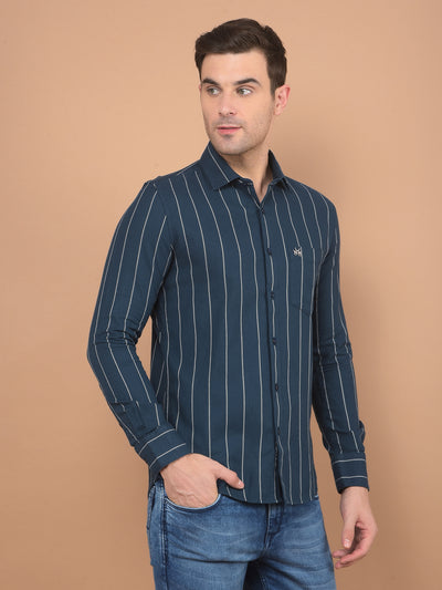 Navy Blue Vertical Striped 100% Cotton Shirt-Men Shirts-Crimsoune Club