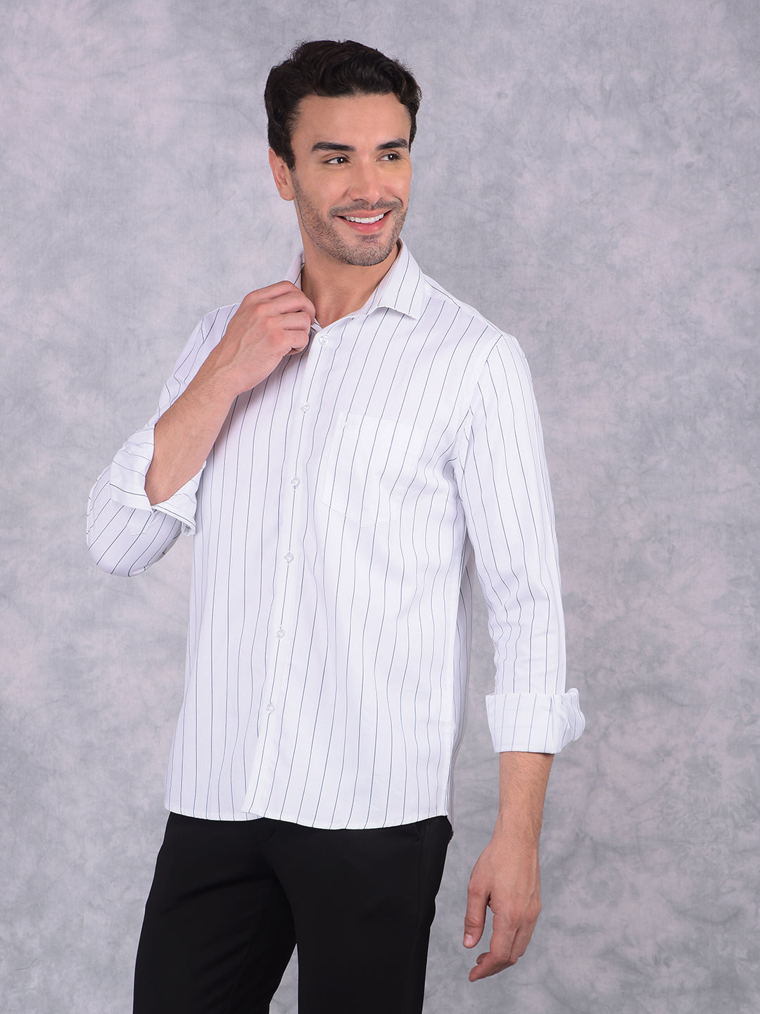 White Vertical Striped 100% Cotton Shirt-Men Shirts-Crimsoune Club