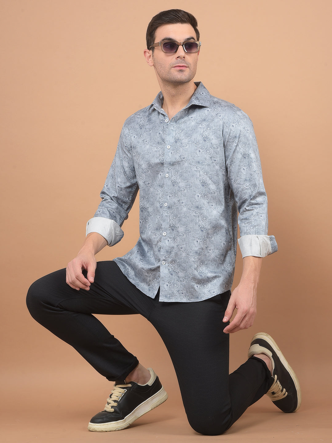 Grey Floral Print 100% Cotton Shirt-Men Shirts-Crimsoune Club