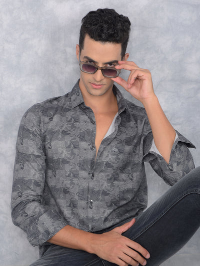 Grey Floral Print 100% Cotton Shirt-Men Shirts-Crimsoune Club