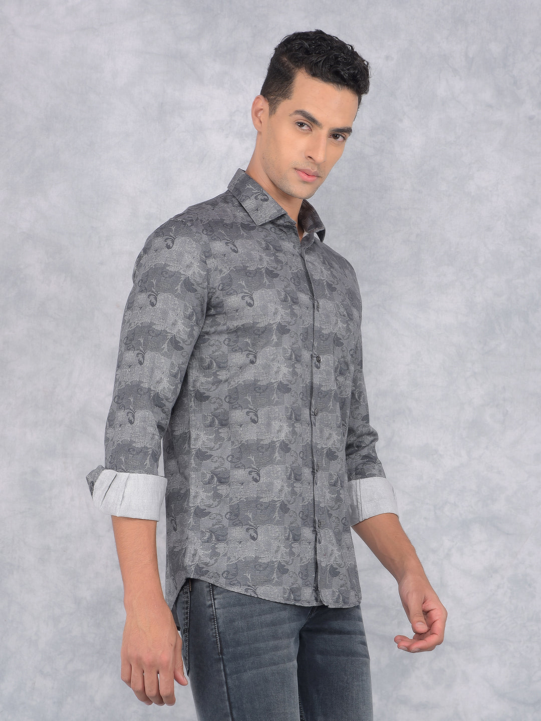 Grey Floral Print 100% Cotton Shirt-Men Shirts-Crimsoune Club