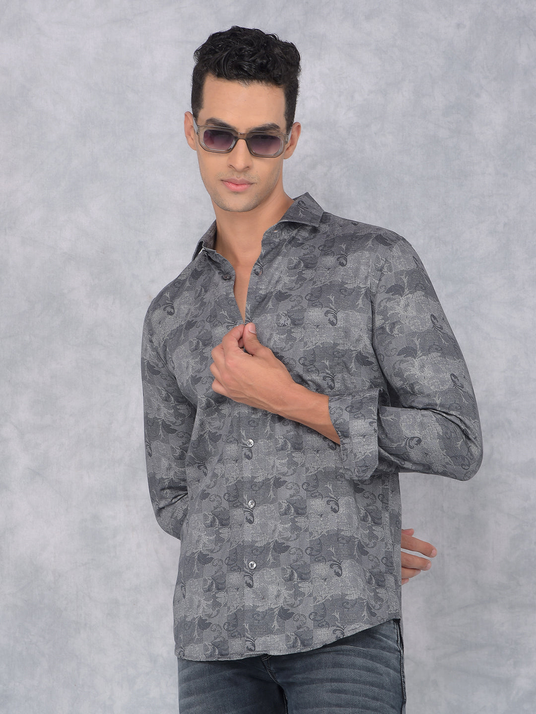 Grey Floral Print 100% Cotton Shirt-Men Shirts-Crimsoune Club