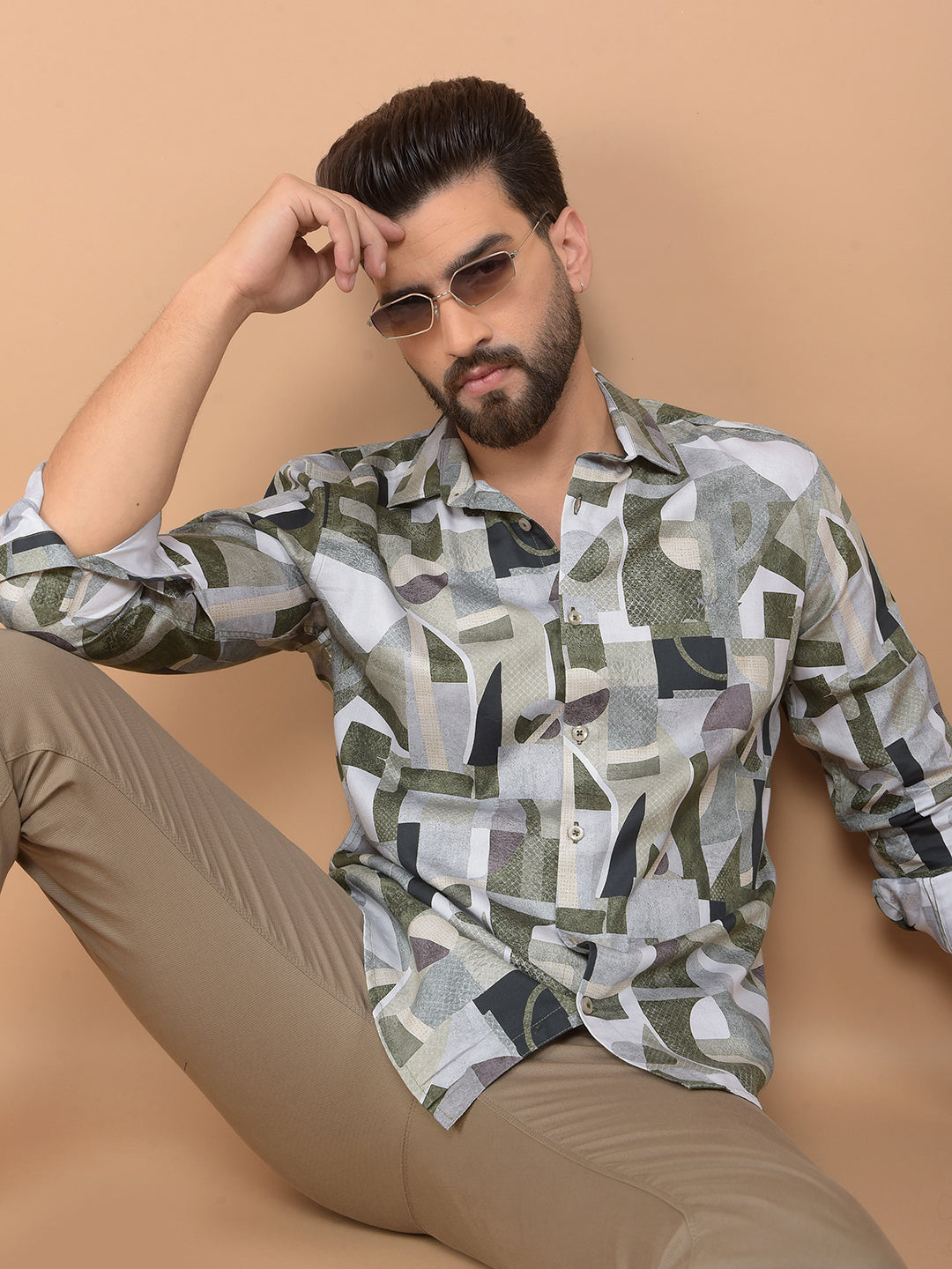 Olive Printed Shirt-Men Shirts-Crimsoune Club