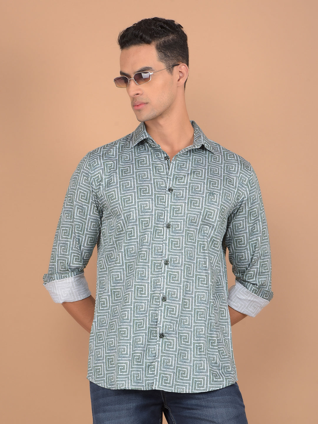 Green Printed 100% Cotton Shirt-Men Shirts-Crimsoune Club