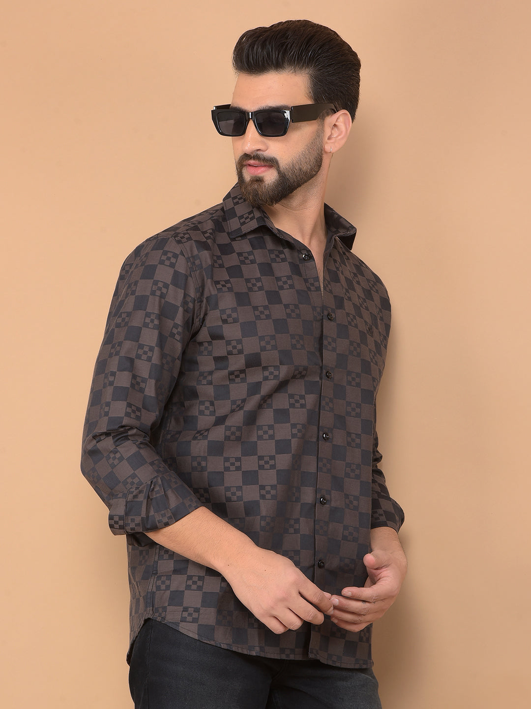 Brown Printed 100% Cotton Shirt-Men Shirts-Crimsoune Club